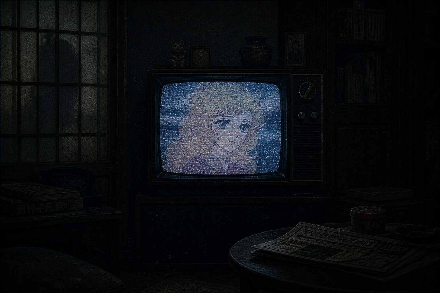 A vintage Japanese television displaying a lost 1972 shojo anime girl through heavy analog static in a dark room.