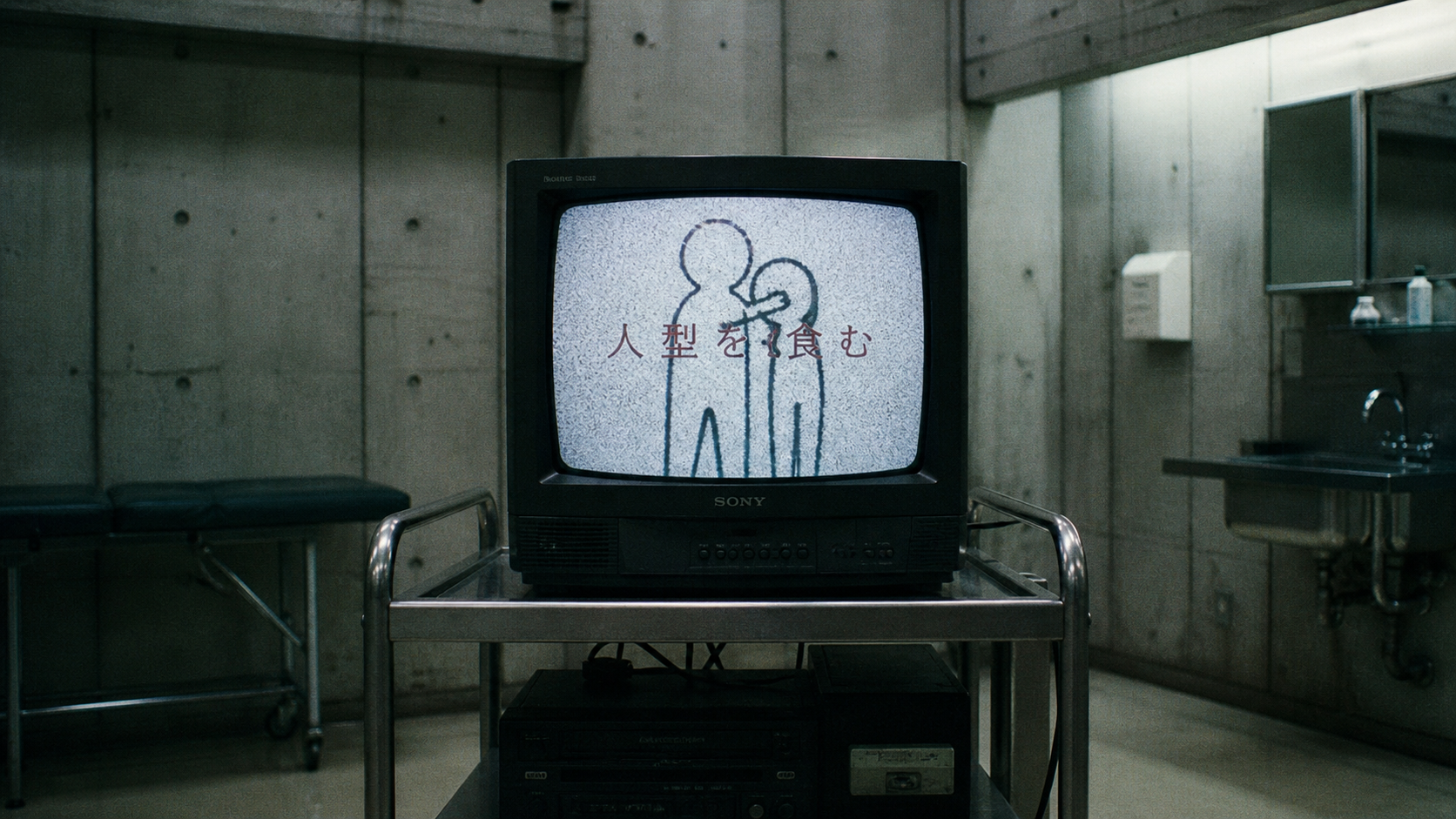 Forensic reconstruction of the Hitogata broadcast appearing on a 90s television set with red text and analog static.