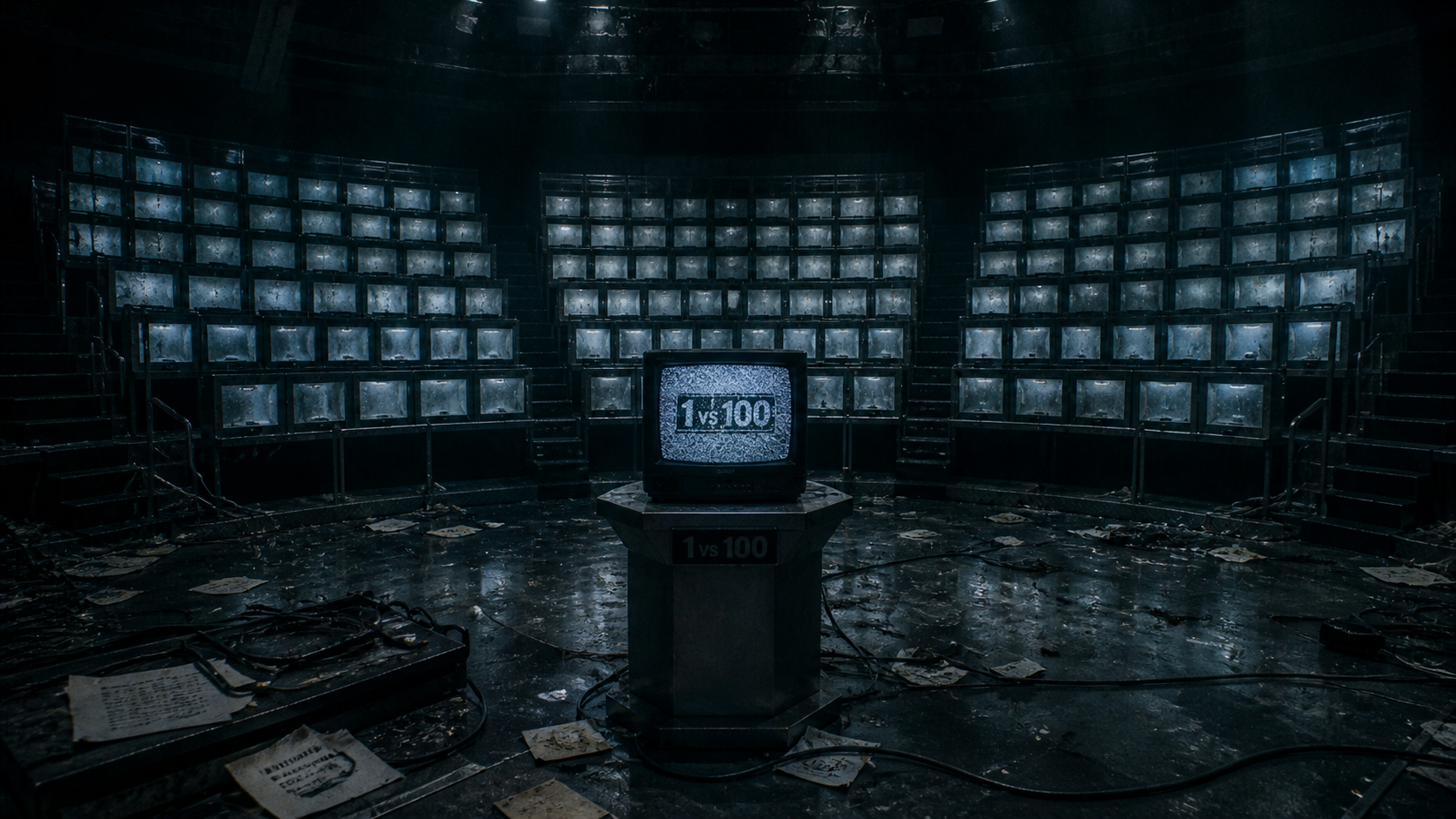 A cinematic, eerie shot of an abandoned 1 vs 100 television studio set with decaying pods and a glowing static monitor, representing institutional erasure.