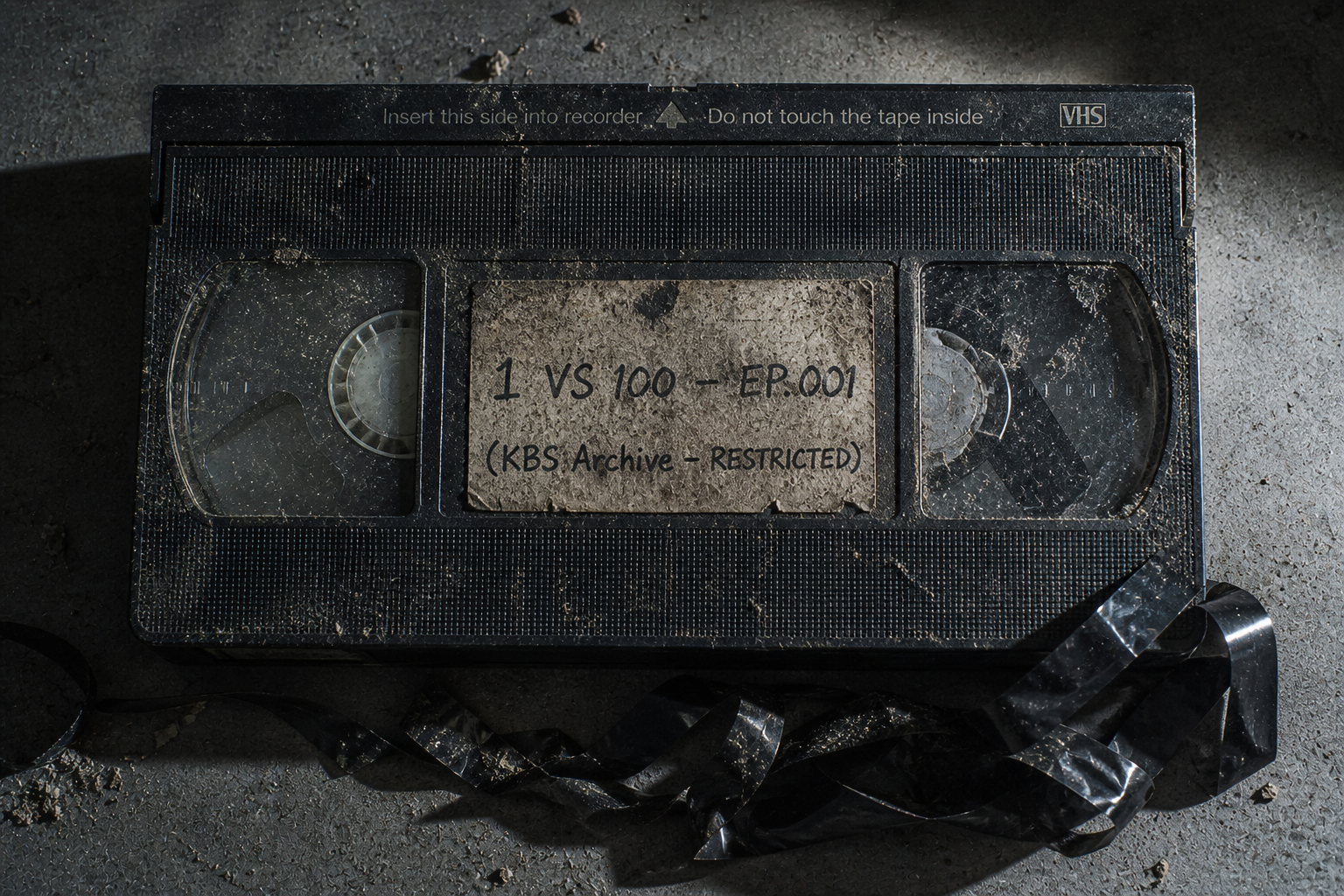 A macro forensic close-up of a decaying VHS tape of a 1 vs 100 episode, highlighting the fragility of unofficial media preservation.