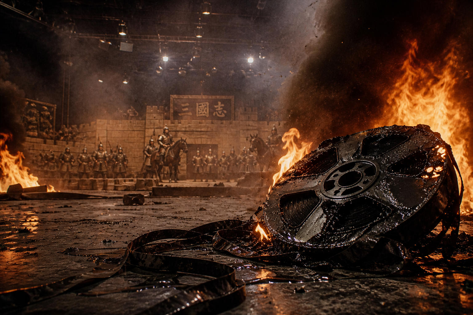Cinematic depiction of a burning 1970s television set and melting film reels representing the loss of Samguk Chunchu 1976.
