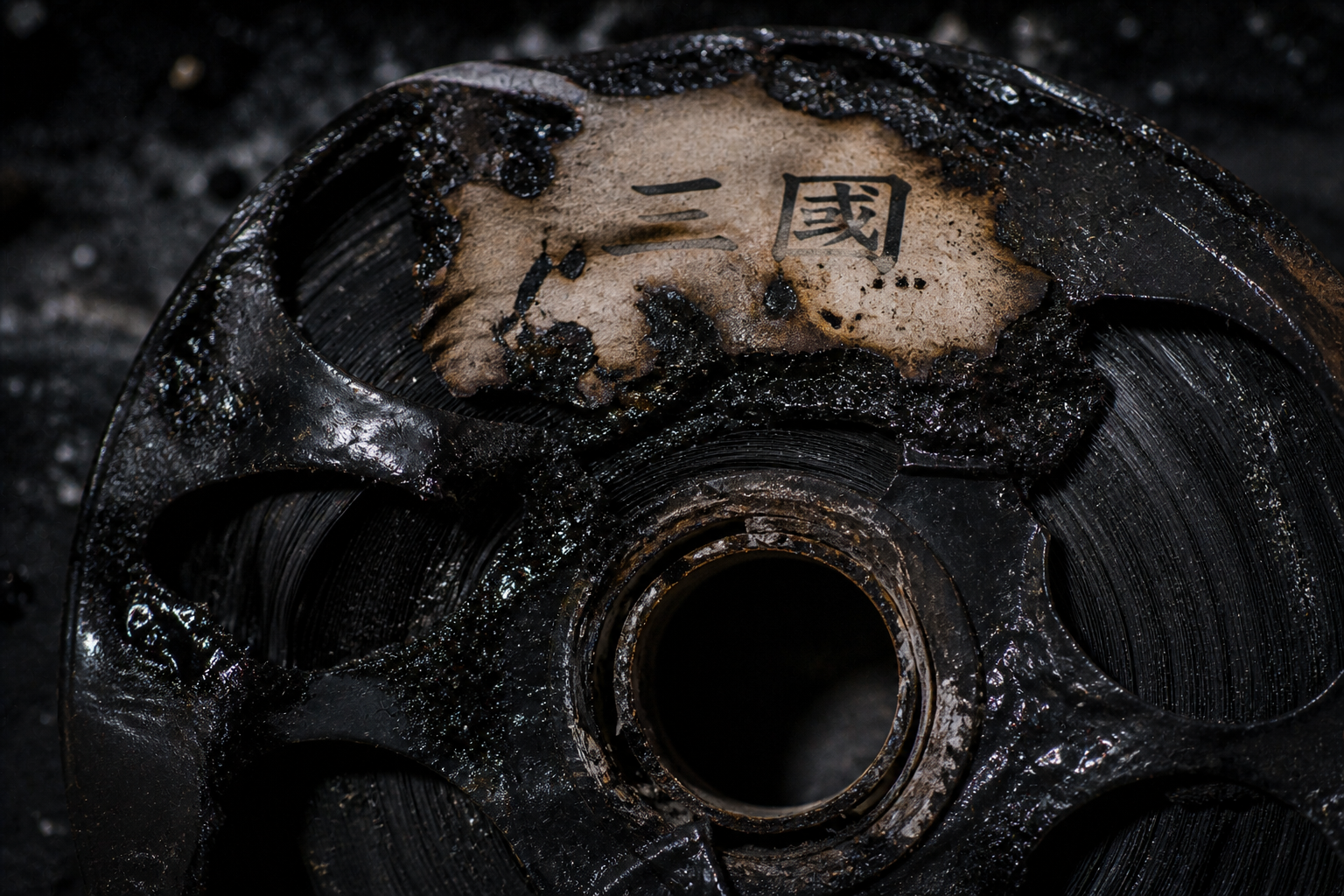 Forensic close-up of a fire-damaged vintage broadcast tape reel with charred Chinese labels.