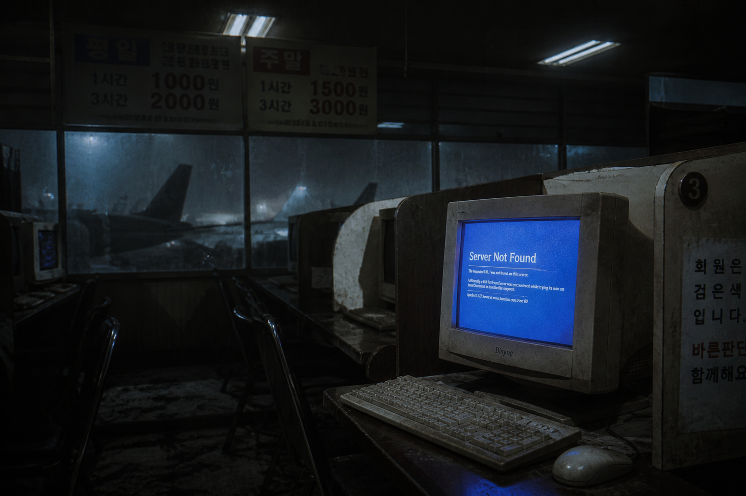 A lonely 90s computer monitor in a dark room showing a server error, representing the lost media of Tactics Mercenary.