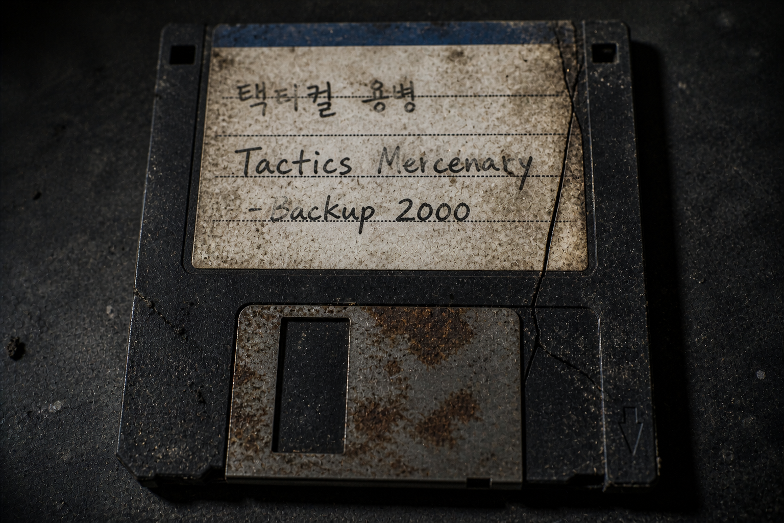 A macro close-up of a damaged floppy disk with a Tactics Mercenary label, symbolizing digital oblivion.