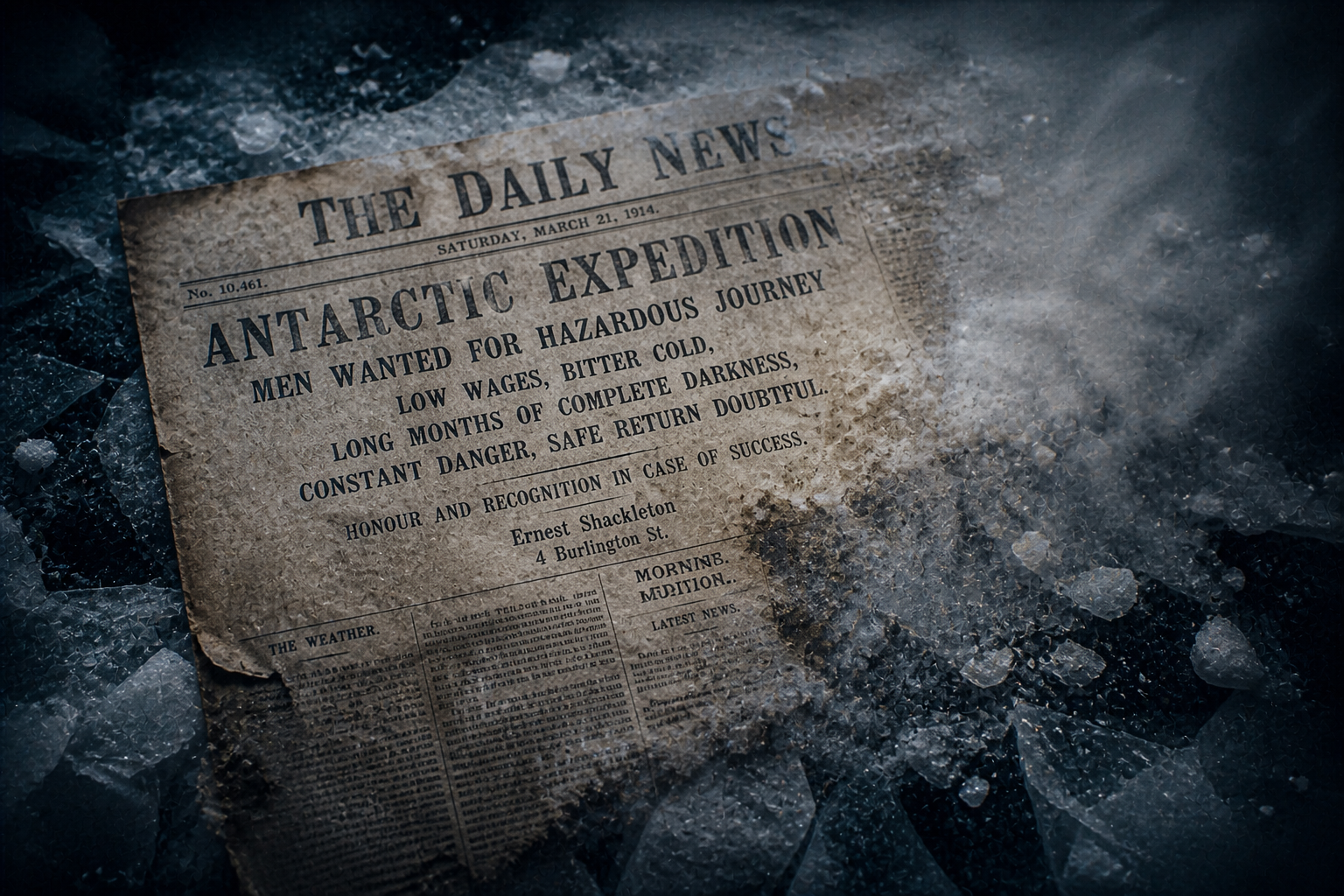 A decaying 1914 newspaper clipping on Antarctic ice, representing the missing Shackleton recruitment advertisement.