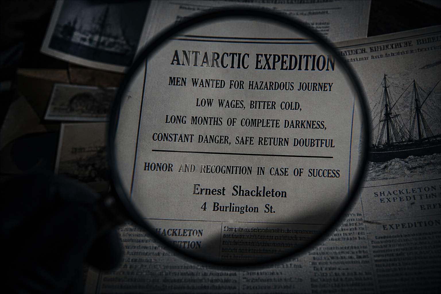 Macro detail of a magnifying glass revealing a spelling error on a recreation of the Shackleton advertisement.
