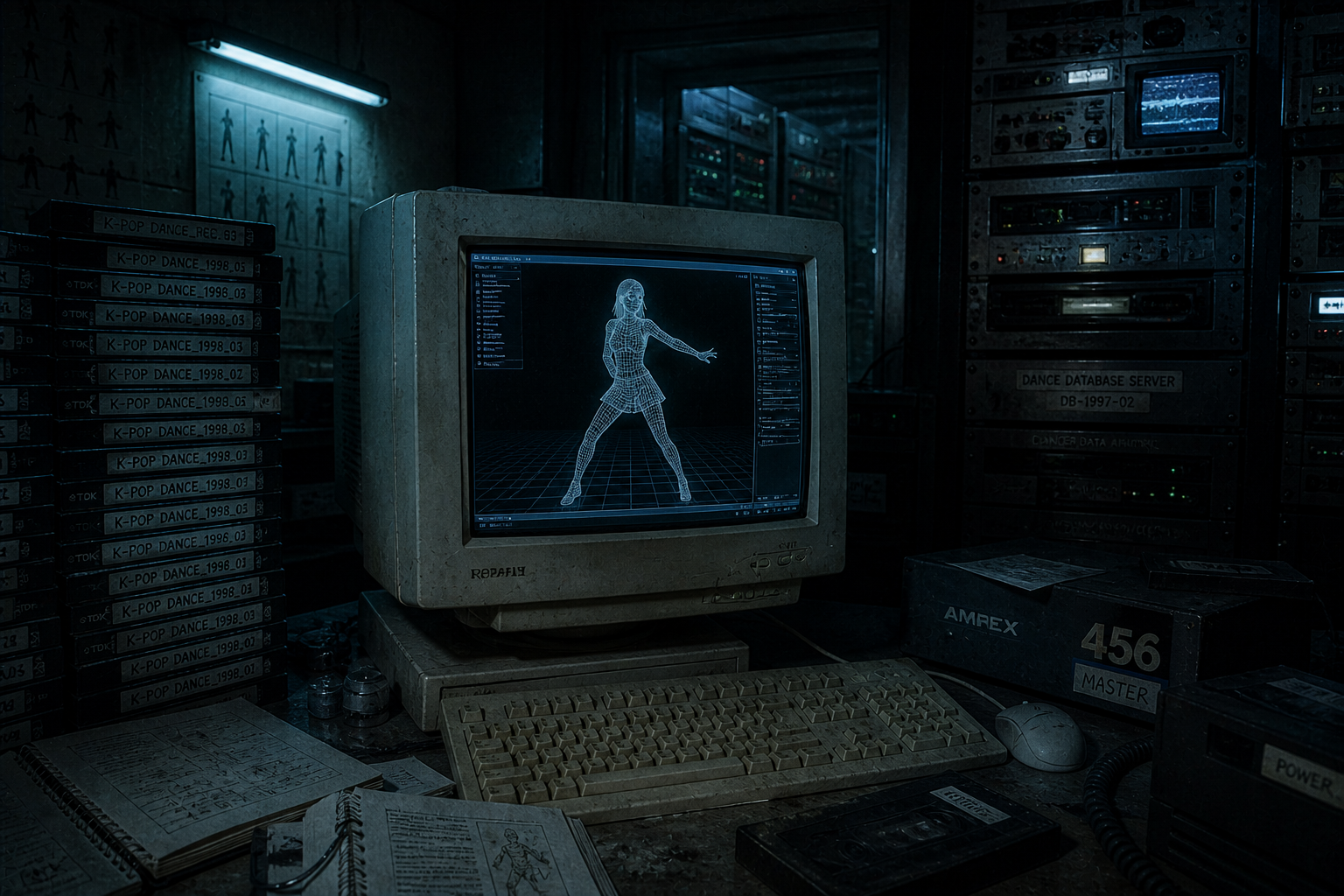 A 90s computer monitor in a cold forensic lab displaying a pixelated 3D motion capture dancer from the lost iDance platform.