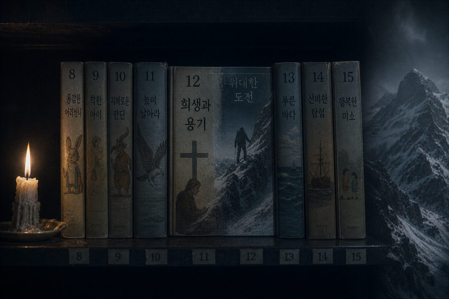 A forensic close-up of a library shelf where one book is being eerily replaced by another, symbolizing the erasure of Jeon Tae-il's biography.