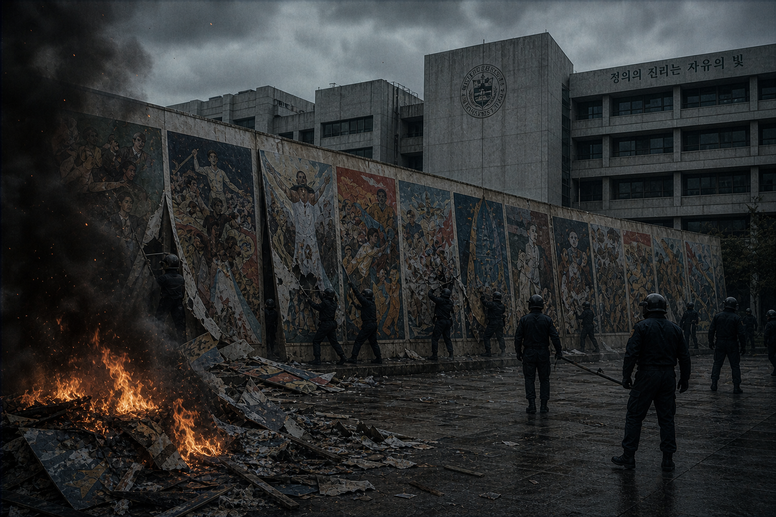 A massive political mural being burned in a South Korean university courtyard by riot police, late 1980s aesthetic.