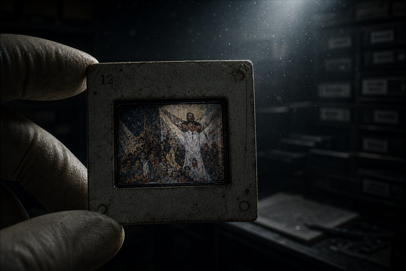 Macro shot of a 35mm archival slide showing a fragment of a destroyed Minjung mural.