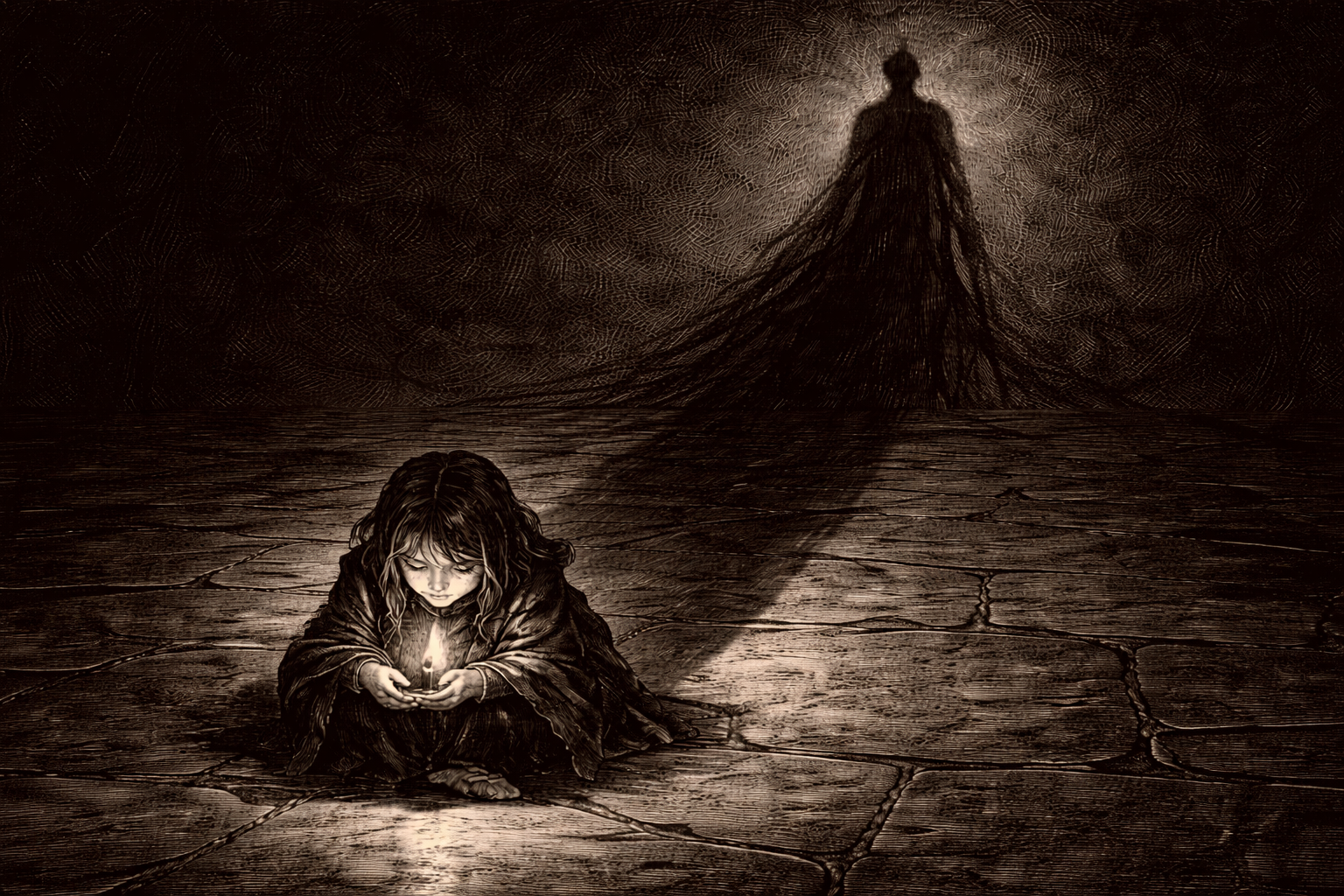A haunting black ink illustration of a small, frail girl shivering in the dark, her shadow looming like a giant figure, symbolizing the cold structural indifference of society.