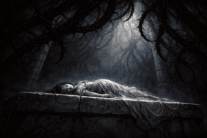 A worm's eye view cinematic noir illustration of a small, vulnerable sleeping figure on a stone surface, overwhelmed by towering shadow thorns above — symbolizing the hidden power and control embedded in the Sleeping Beauty fairy tale narrative.