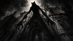 A worm's-eye view illustration in black ink and wash technique depicting a small human figure standing beneath an enormous, distorted shadow cast by a cat whose silhouette reveals human-like clawed hands grasping upward — evoking the hidden power dynamics and aristocratic obedience themes of Puss in Boots fairy tale analysis.