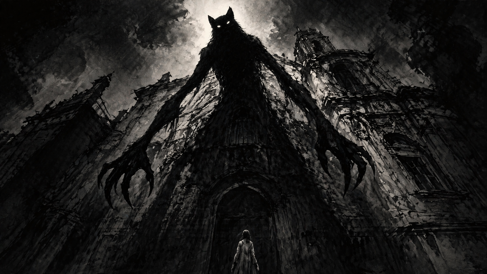 A worm's-eye view illustration in black ink and wash technique depicting a small human figure standing beneath an enormous, distorted shadow cast by a cat whose silhouette reveals human-like clawed hands grasping upward — evoking the hidden power dynamics and aristocratic obedience themes of Puss in Boots fairy tale analysis.