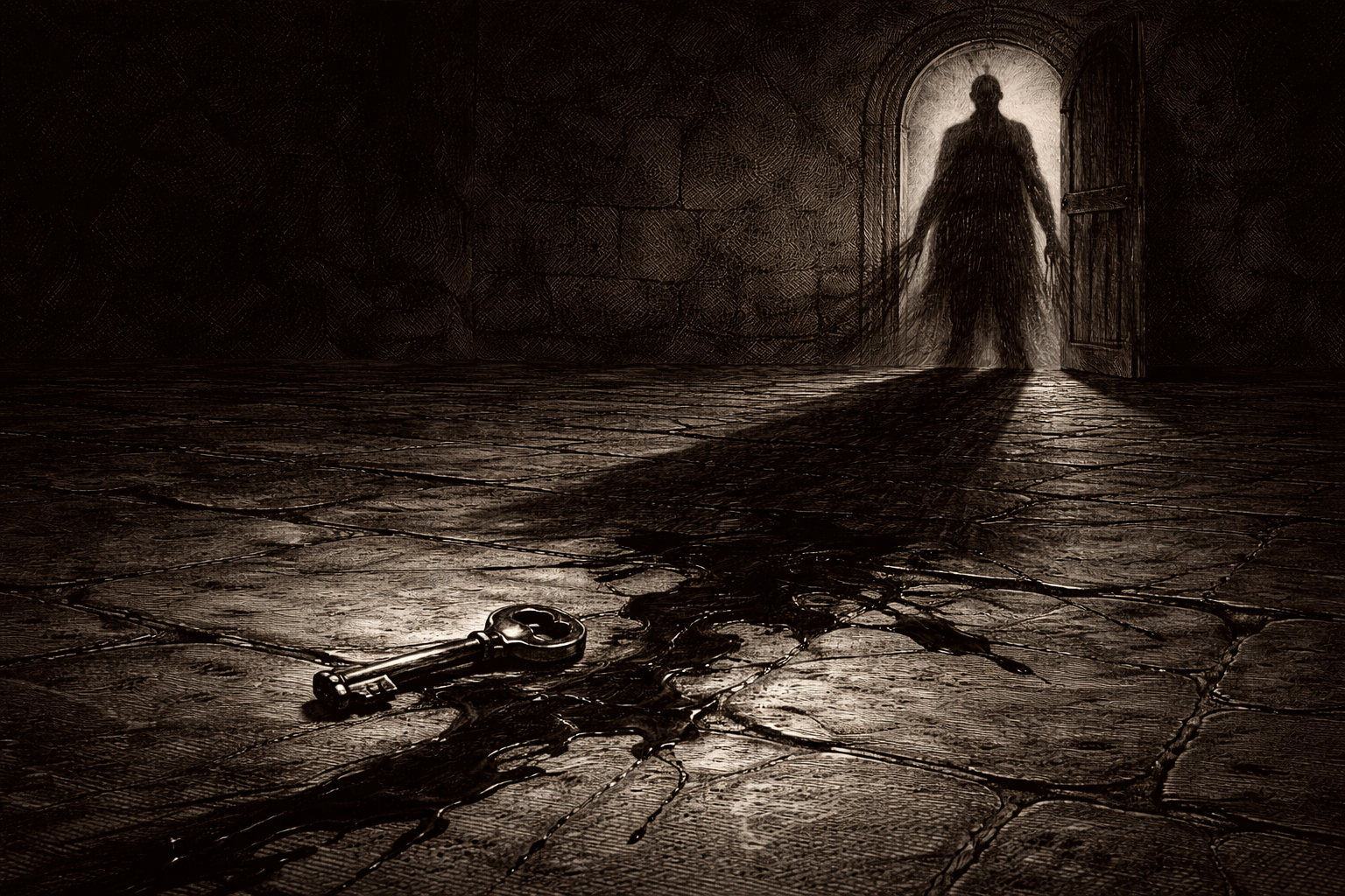 A cinematic black ink wash illustration of a blood-stained key on a stone castle floor, with a towering shadow of Bluebeard looming over it, symbolizing the hidden violence and forbidden knowledge at the heart of the Bluebeard fairy tale. The low angle and noir lighting convey dread, coercion, and the psychological weight of domestic obedience encoded in classic folklore.