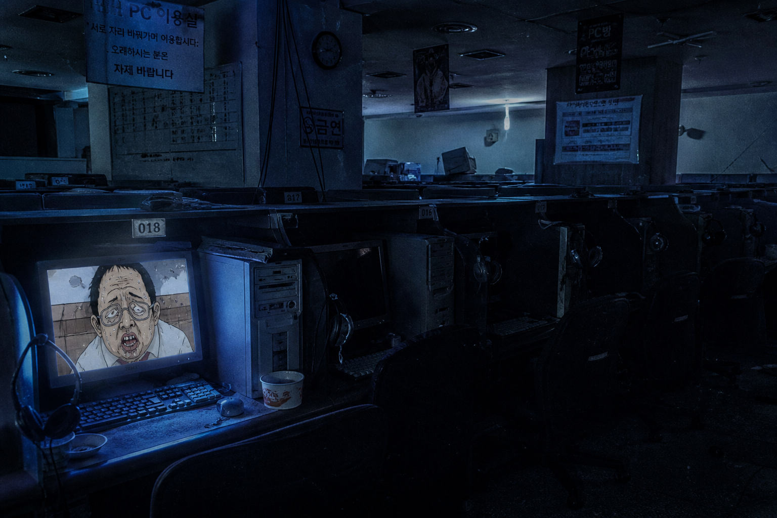 Eerie abandoned Korean internet cafe with a glowing monitor showing lost Ggoraji Flash animation.