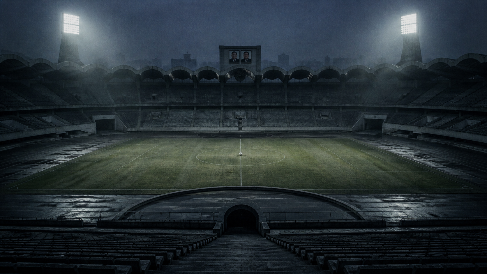 Cinematic wide shot of the empty Kim Il-sung Stadium in Pyongyang under cold forensic lights, evoking a sense of lost media.