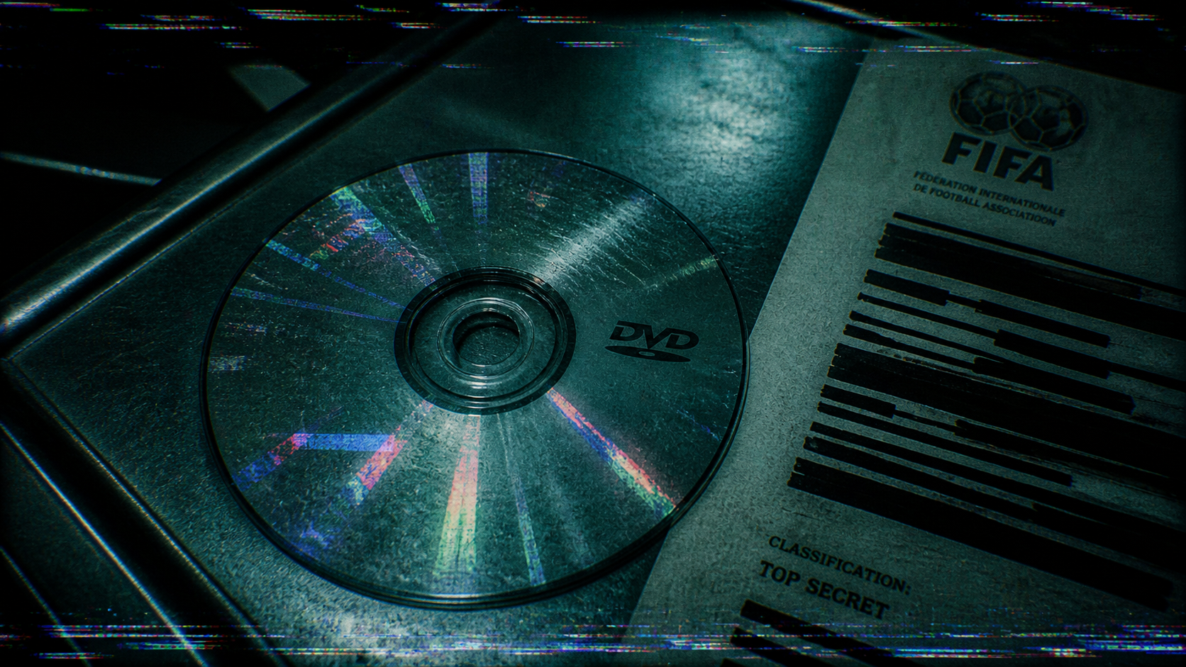 Macro close-up of a degraded DVD and redacted FIFA documents on a forensic table, symbolizing the lost 2019 Pyongyang match footage.