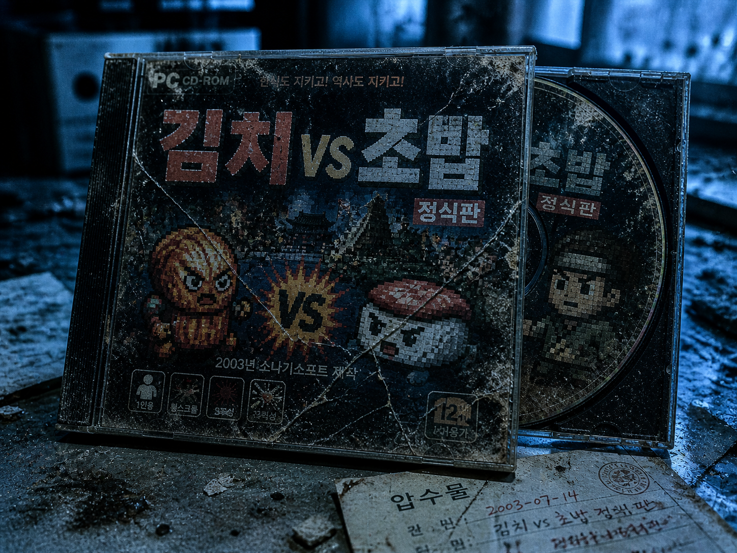 Forensic shot of a rare 2003 Korean PC game disc for Kimchi vs Sushi in a dark archival setting.