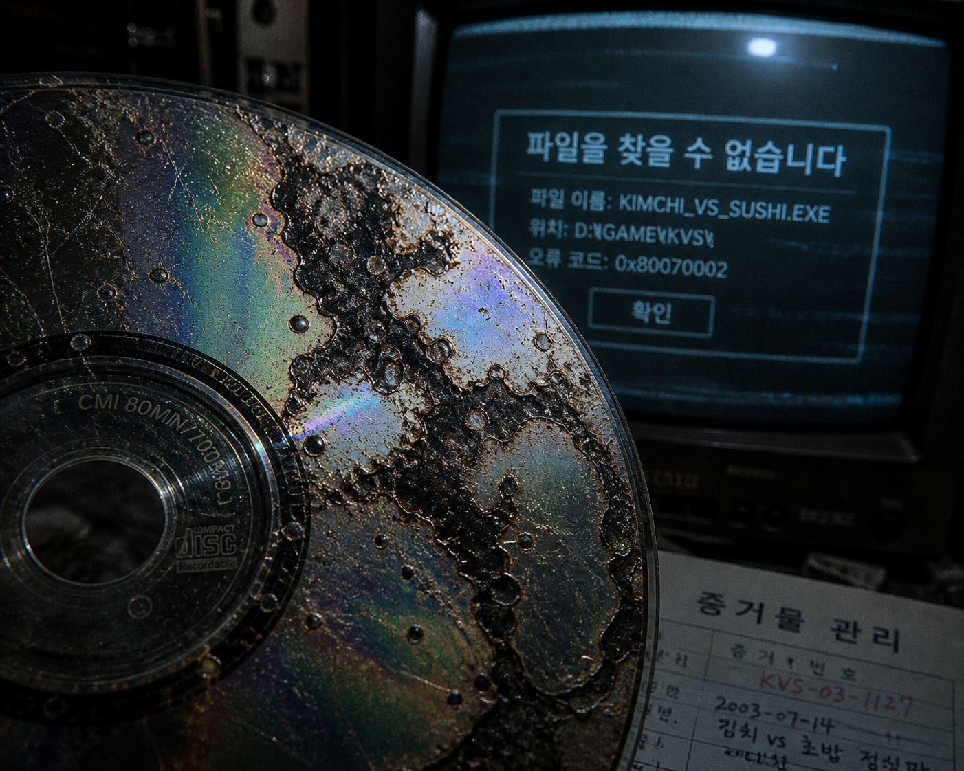 Macro detail of digital disc rot and corrupted data on a lost 2000s game media.