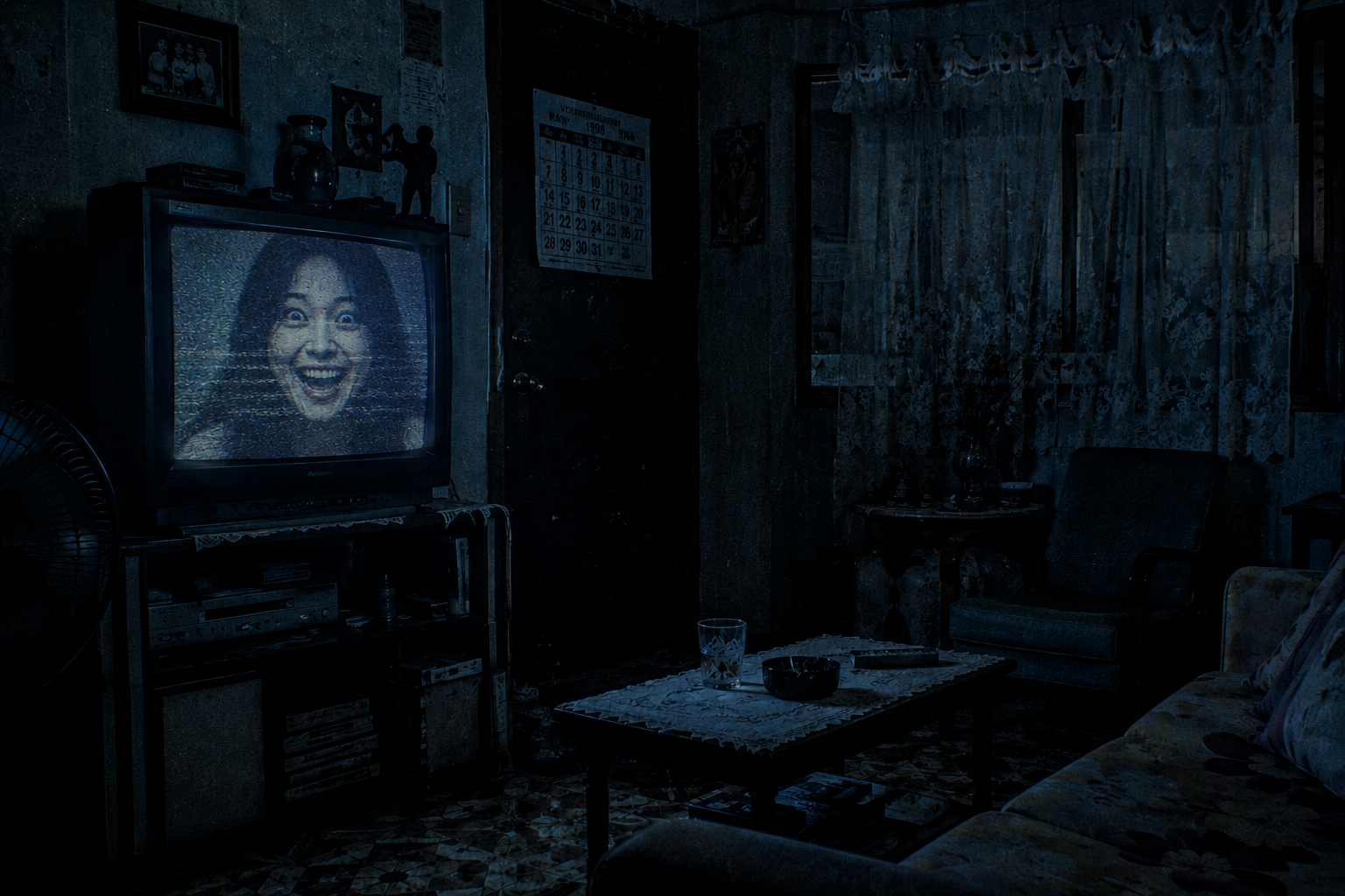 A haunted CRT TV screen showing the lost Encarnacion Bechaves commercial in a dark room.