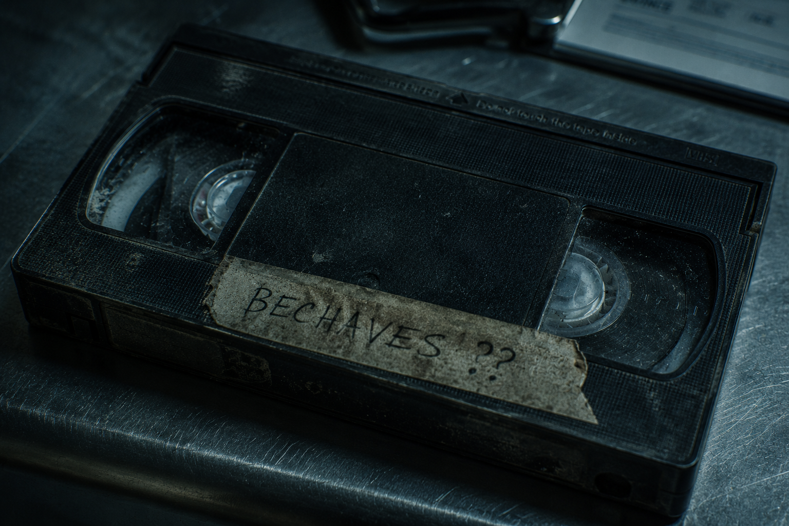 Close-up of a degraded VHS tape labeled Bechaves on a forensic table.