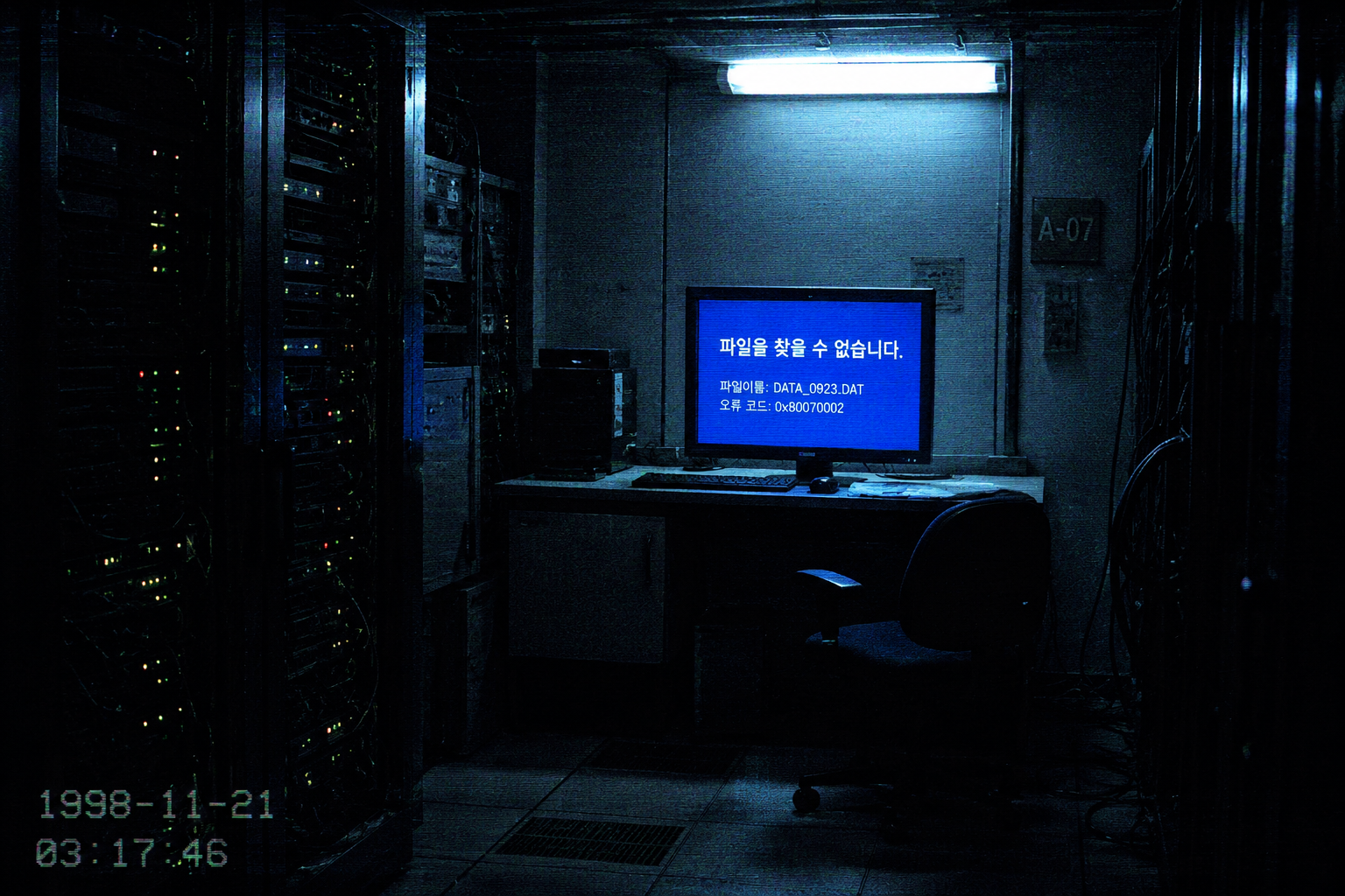 A cold, forensic view of a dark server room with a 'Data Not Found' error on a monitor, representing the Jujeonja lost media event.