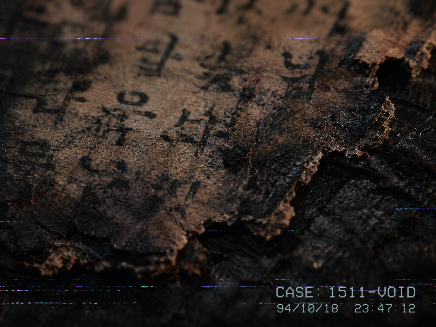 Macro detail of charred manuscript fibers with analog VHS noise and forensic timestamp.