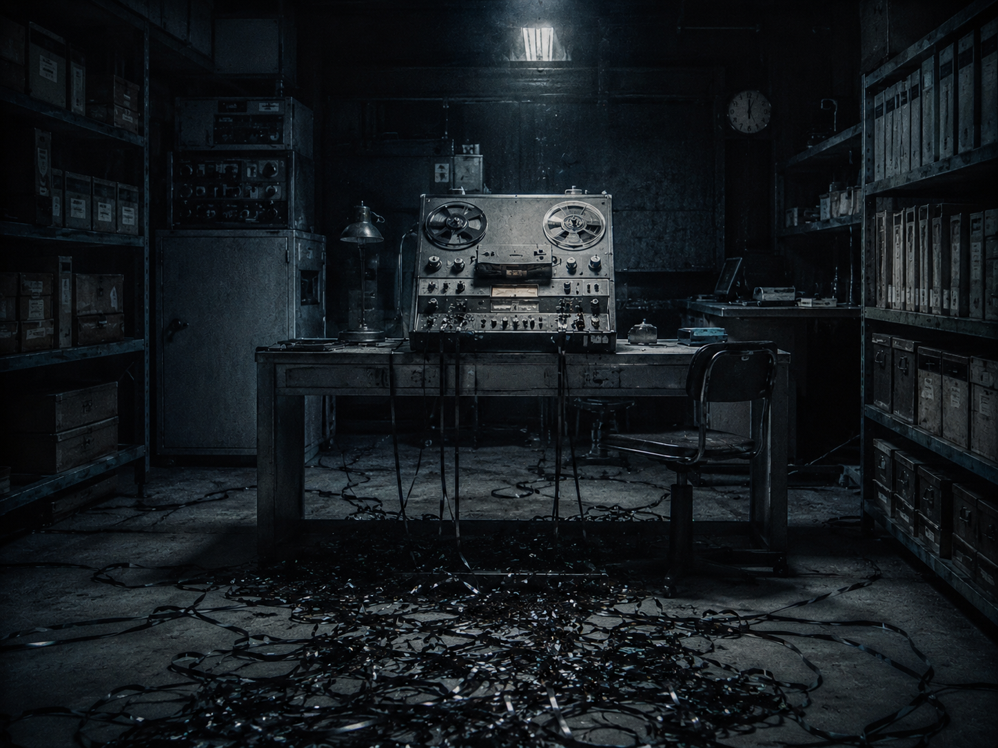 A cinematic forensic shot of a primitive tape recorder with tangled magnetic tape in a cold, dark archive.