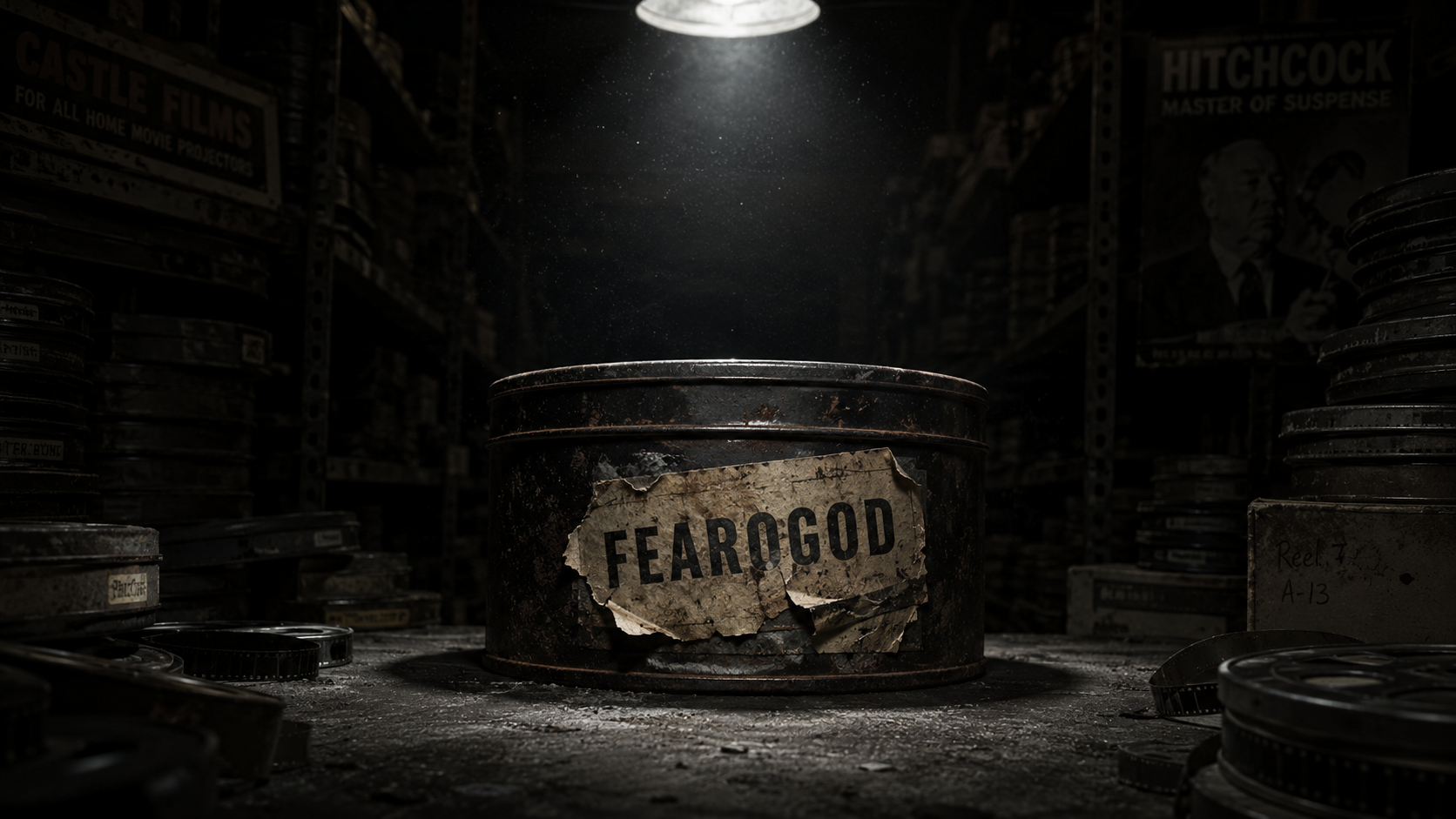 Rusted film canister labeled Fearogod in a dark archival setting, representing Hitchcock's lost film The Mountain Eagle.