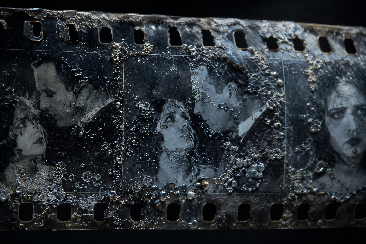 Close-up of decaying nitrate film stock showing the physical destruction of early cinema history.