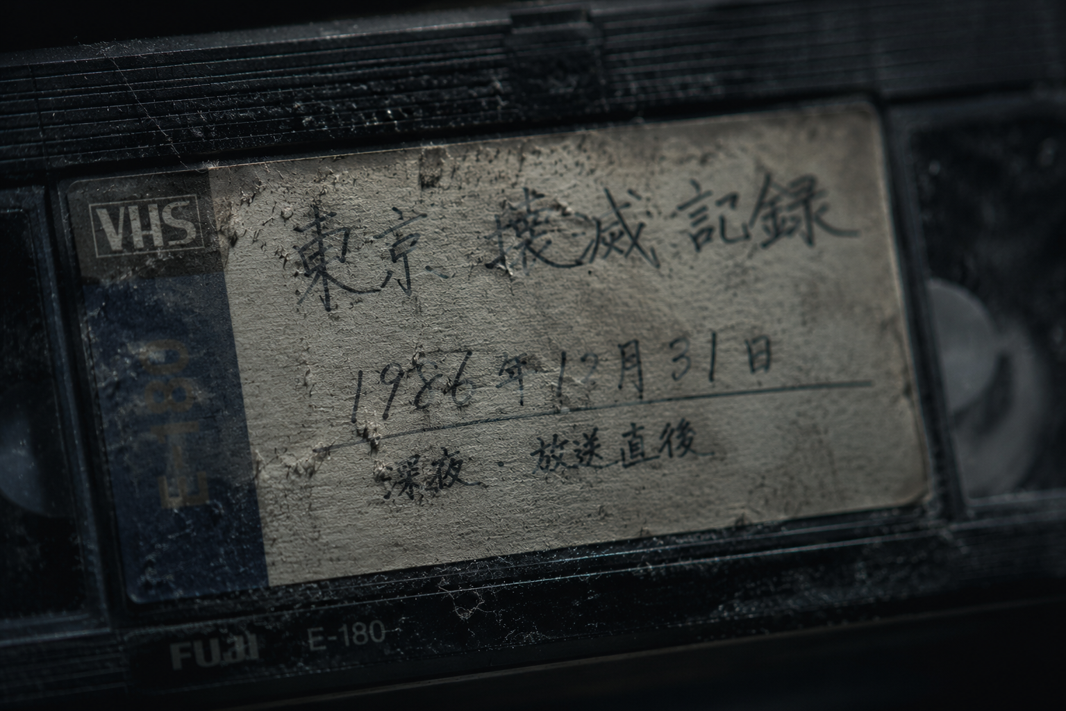 Close-up of a 1986 VHS tape artifact with analog decay and forensic lighting.