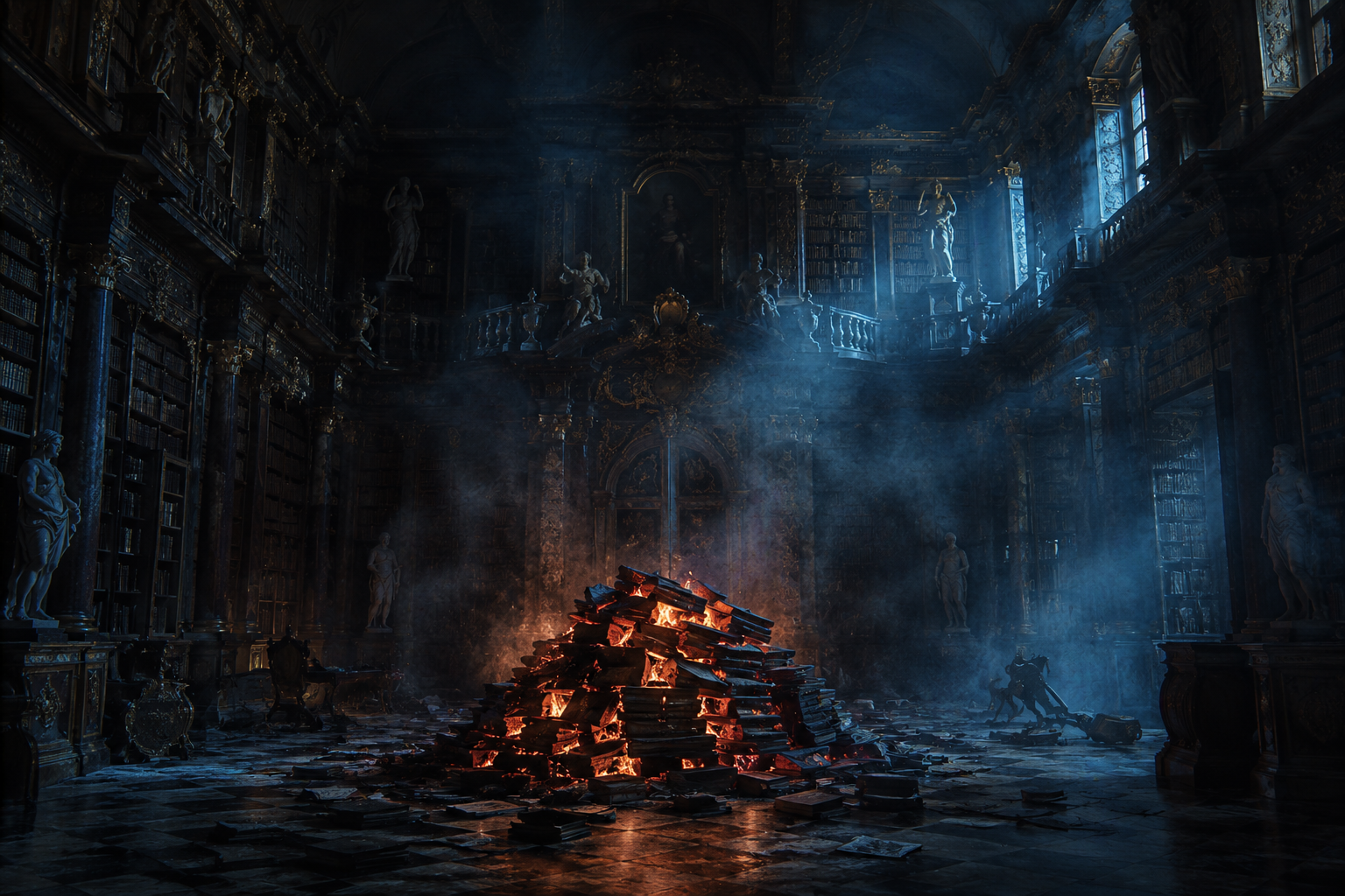 A cinematic view of a Rococo library hall in Weimar filled with smoke and glowing embers of carbonized books under eerie forensic lighting.