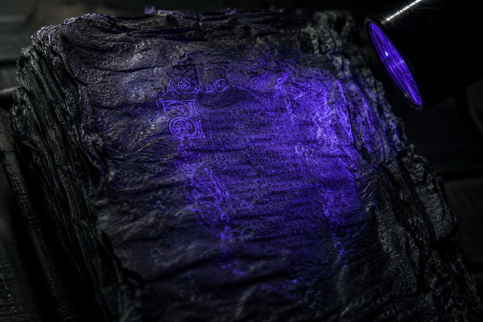 Macro close-up of a carbonized Ash Book from the Weimar fire under clinical UV light, showing brittle charcoal pages.