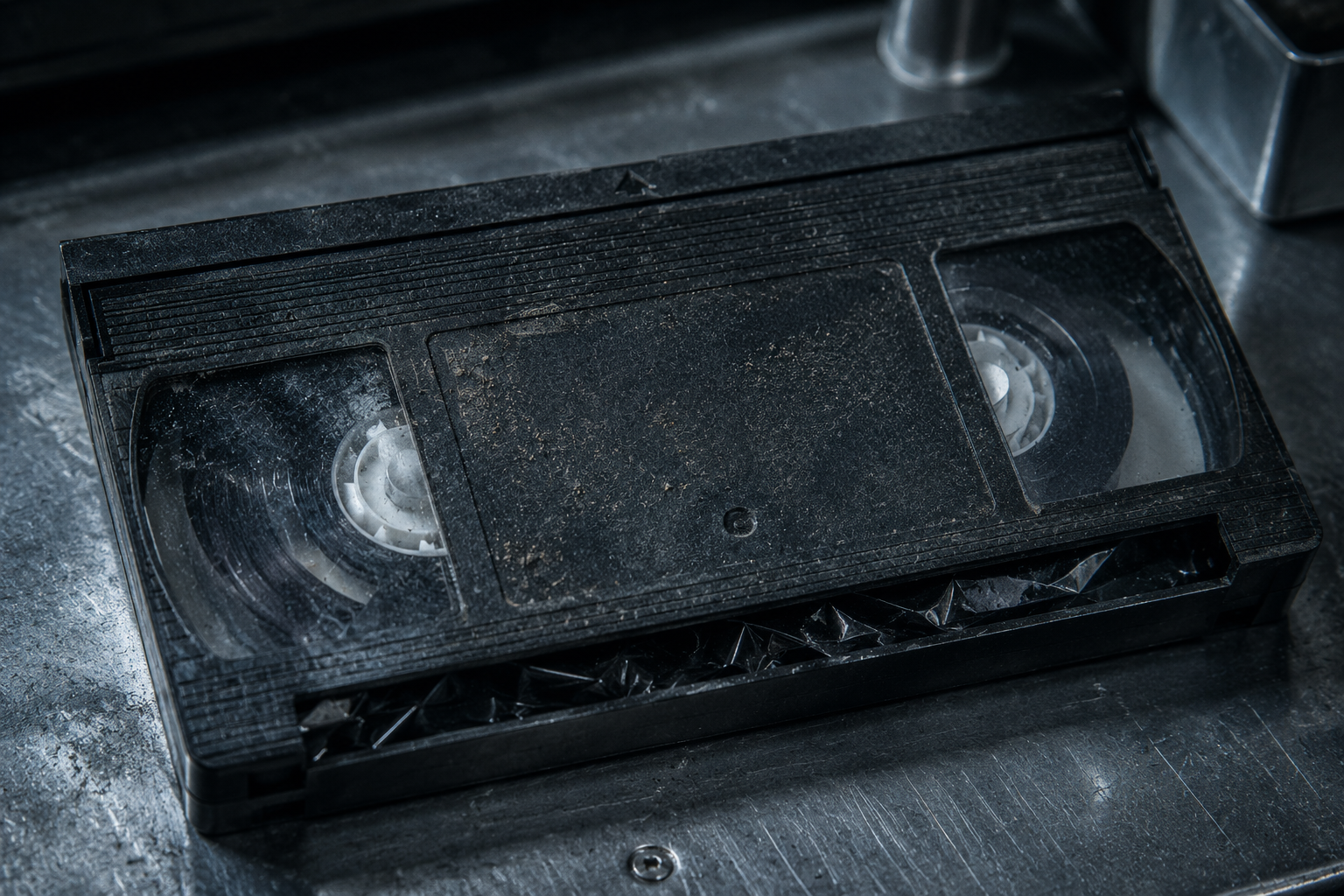 Macro close-up of a decaying, unlabelled VHS tape representing the lost broadcast of Robot Warrior Ariel.