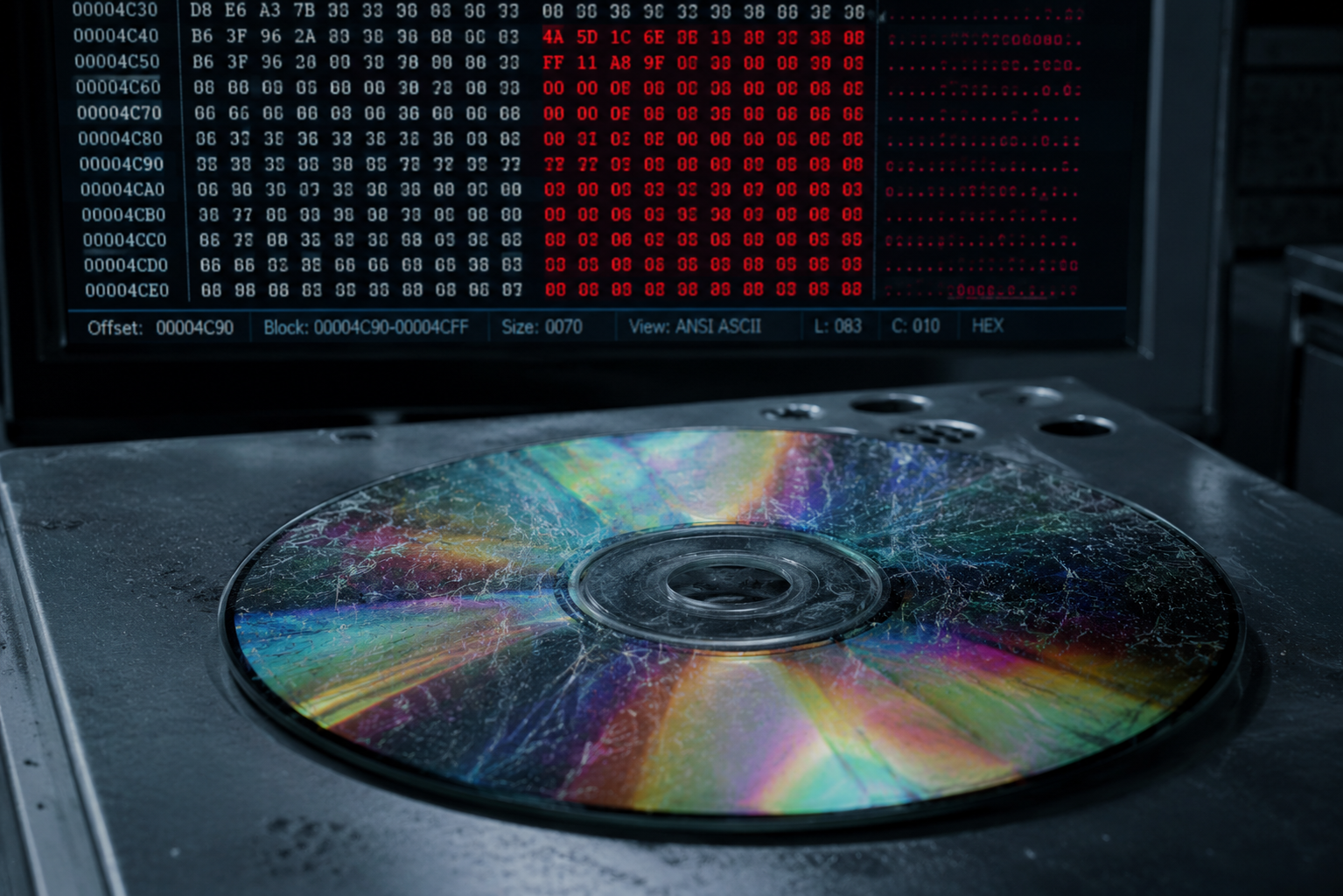Macro detail of a scratched CD-R with data rot, representing lost digital media.