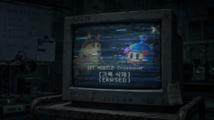 A glitched vintage CRT monitor on a metal cart inside a dark room, displaying corrupted early 2000s Korean anime and mobile arcade game visuals with digital noise for a lost media investigation.