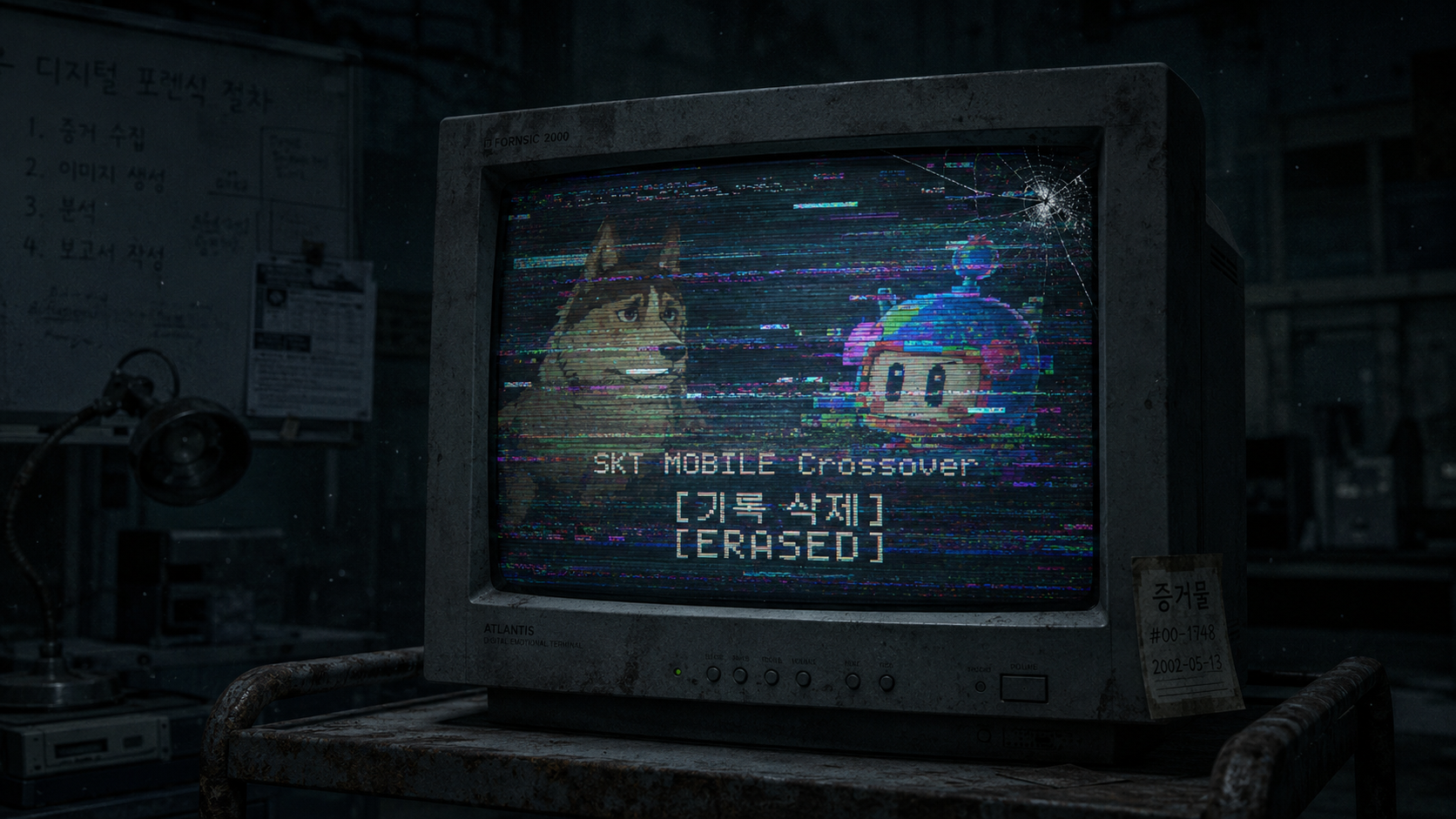 A glitched vintage CRT monitor on a metal cart inside a dark room, displaying corrupted early 2000s Korean anime and mobile arcade game visuals with digital noise for a lost media investigation.