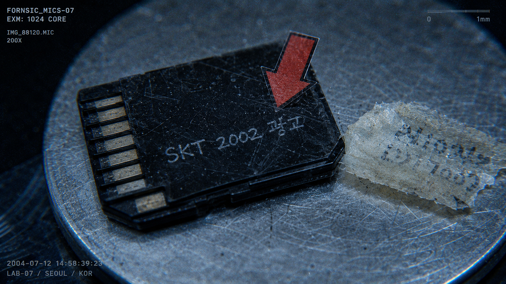 A macro close-up of a scratched black early 2000s SKT mobile memory cartridge on a metal surface, featuring handwritten Korean text under cold blue forensic lighting.