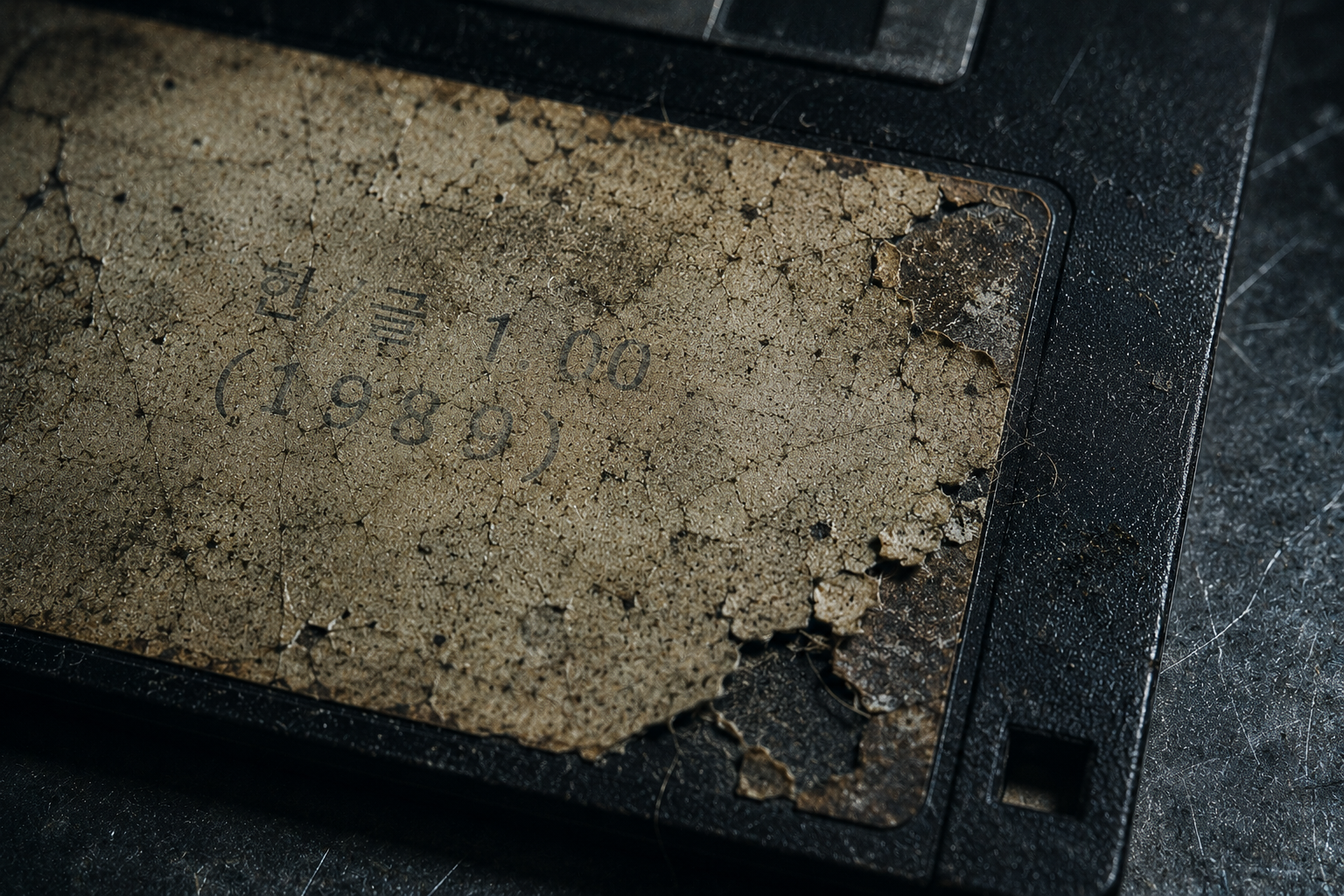 A detailed, eerie macro close-up of a scratched black 3.5-inch floppy disk, showing a yellowed, flaking label with faded ink stamping reading "한/글 1.00 (1989)" and heavy signs of analog decay on a metallic table.