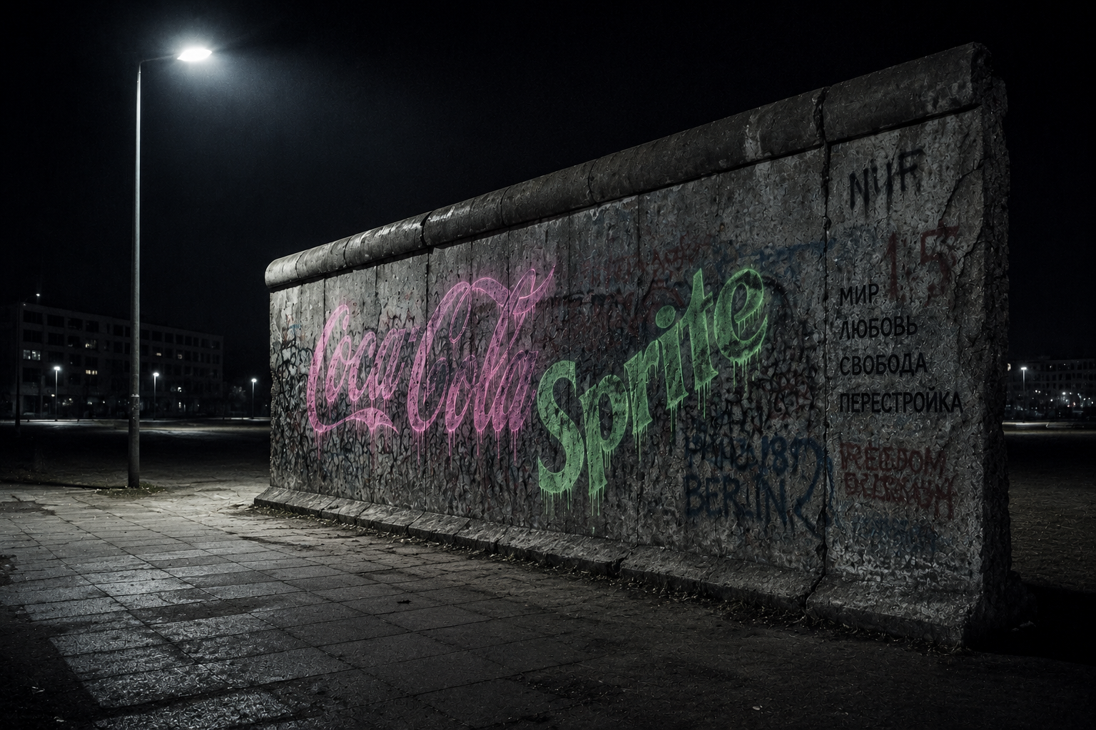Forensic shot of the defaced Berlin Wall segment in Seoul under a harsh night light.