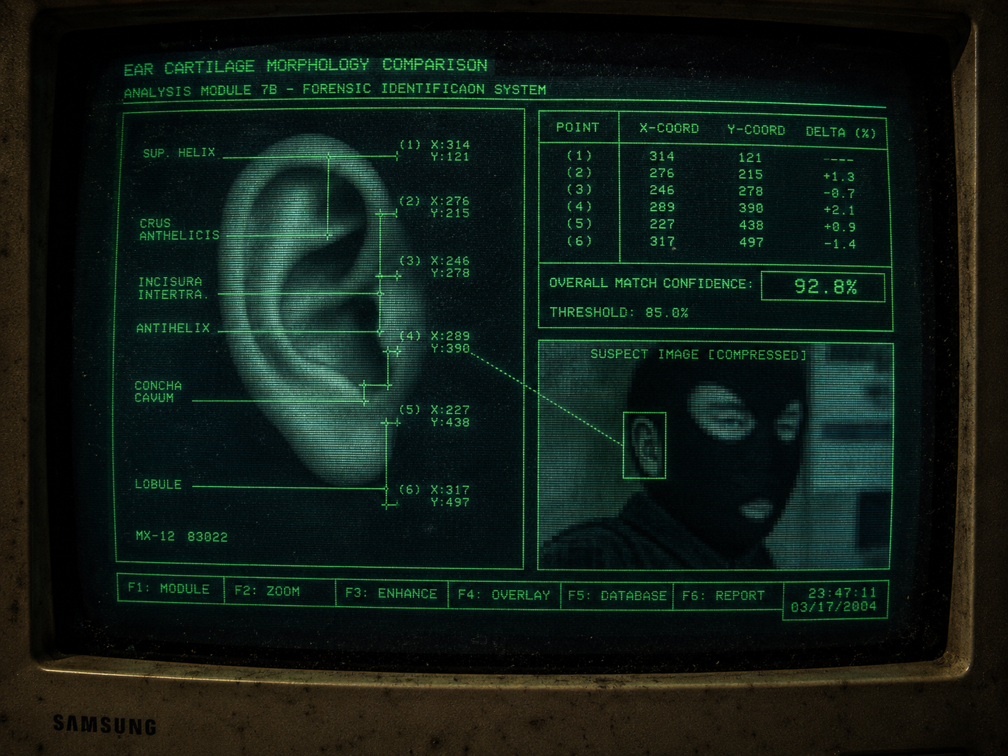 Close-up of a forensic digital analysis monitor comparing ear cartilage shapes to identify an anonymous broadcast subject.