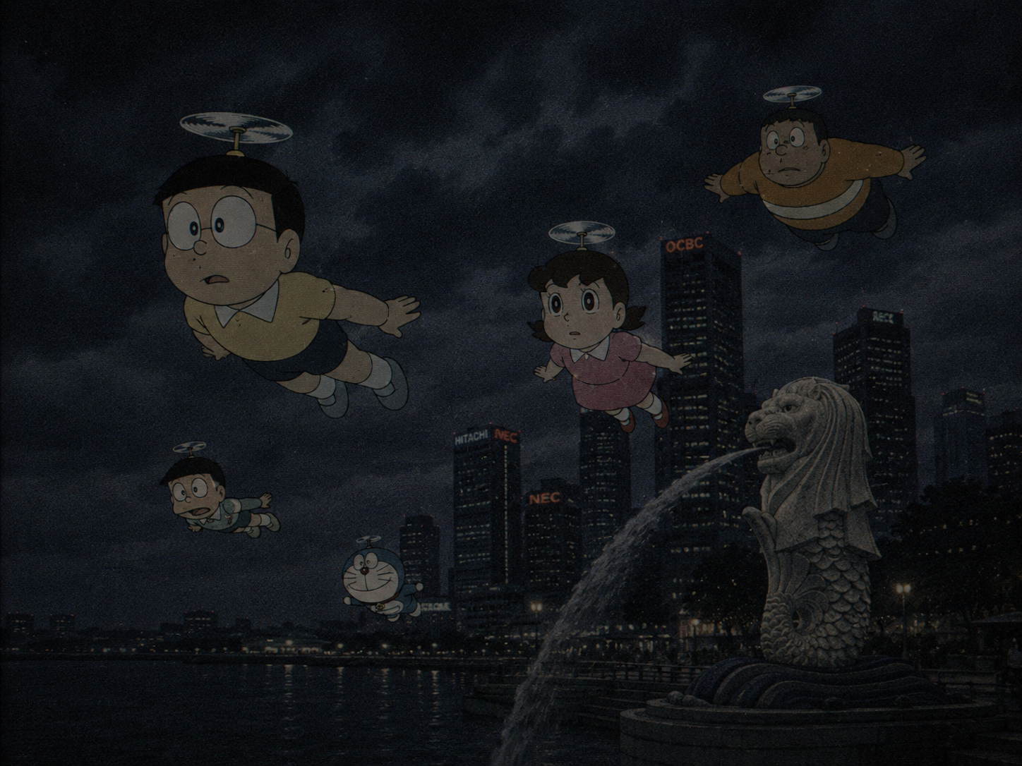 Depressed 90s cel-animation style rendering of anime characters flying over a vintage Singapore harbor skyline under eerie lighting.