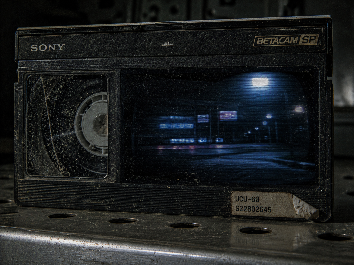Detailed close-up of a decaying, unlabelled broadcast tape cartridge from a missing corporate TV campaign.