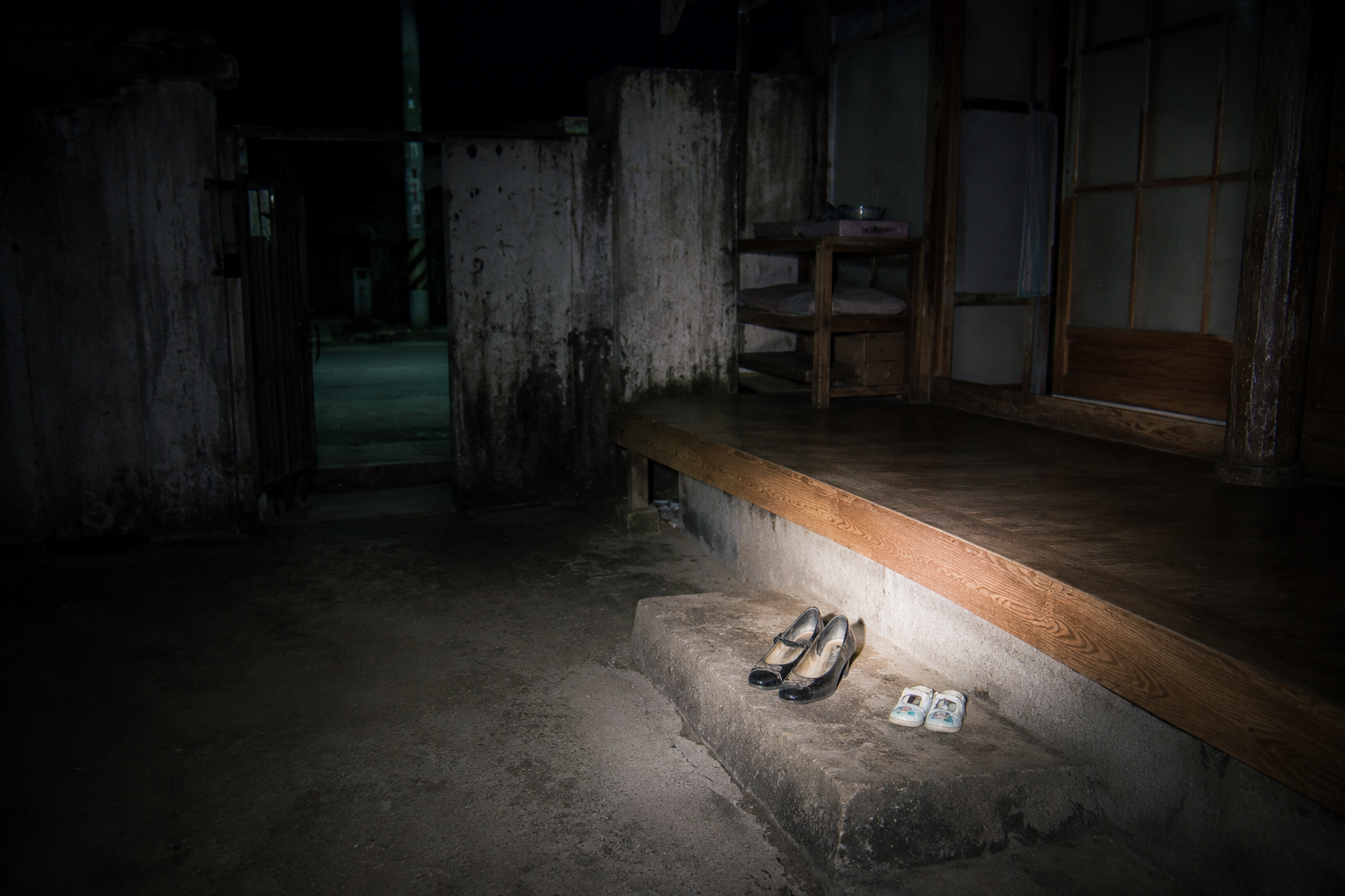 Flashlight lit forensic photograph of an empty traditional Korean veranda with an abandoned pair of women's shoes next to tiny baby shoes in a dark courtyard.