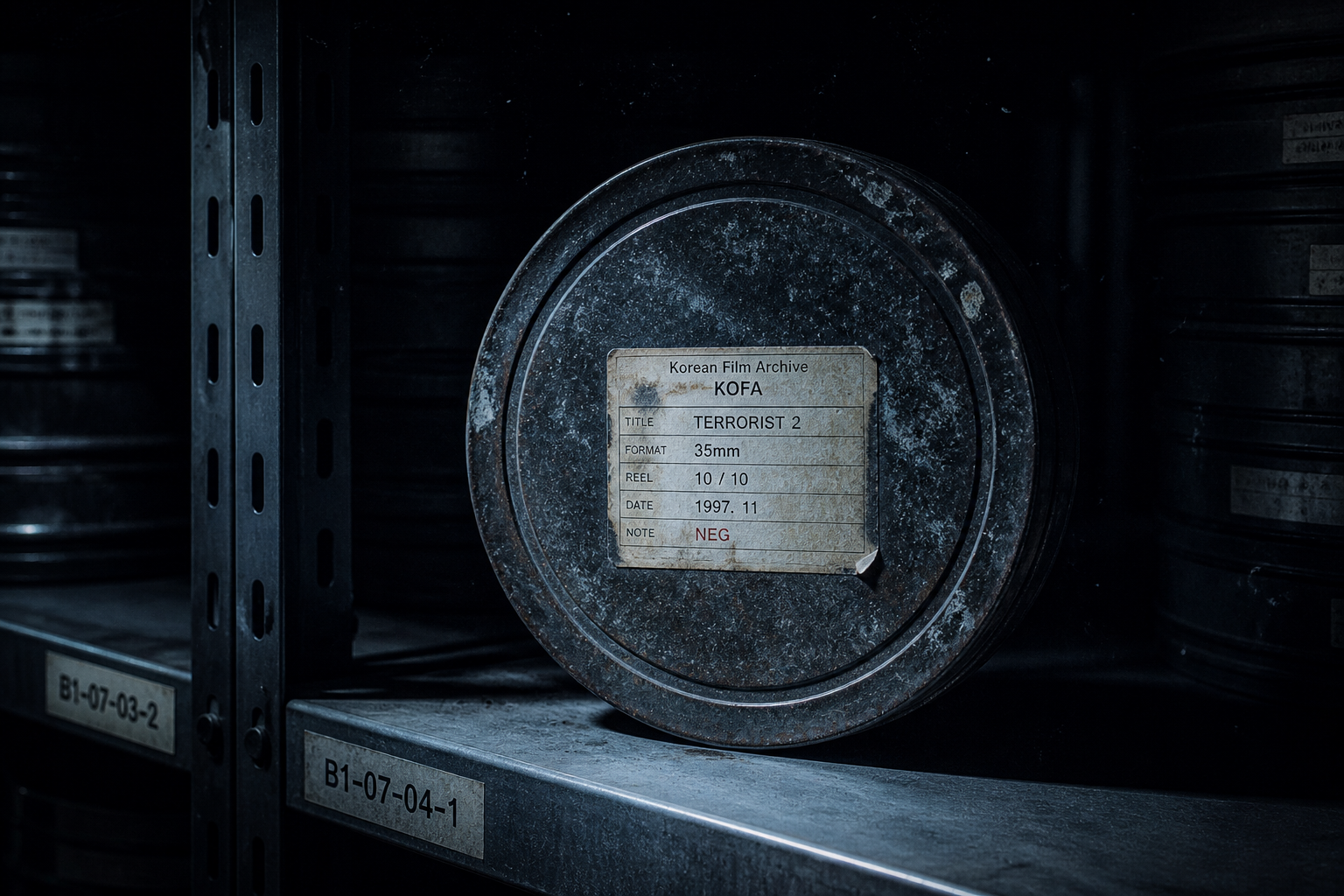 A cold, investigative cinematic photograph of the lost Korean film reel for Terrorist 2, isolated under a spotlight in a dark archive vault, showing physical decay and dust.