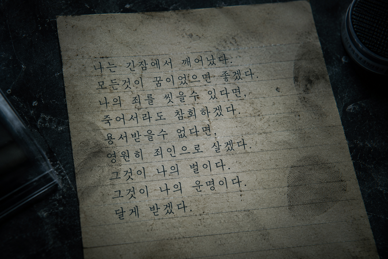 A detailed macro forensic photograph of clean handwritten text on aged paper under cold lab lighting with faint fingerprint powder traces.