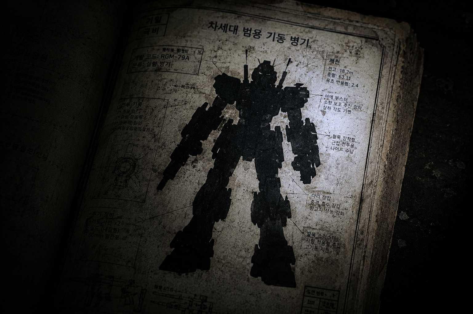 Macro close-up view of a yellowed book page displaying a completely blacked-out silhouetted mechanical drawing with tiny technical text annotations under a harsh flashlight beam.