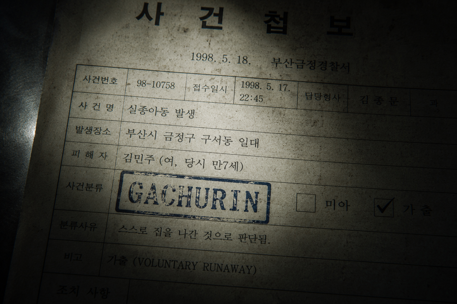 Macro close-up of a 1998 South Korean bureaucratic police report stamped with runaway classification text under a harsh flashlight beam.