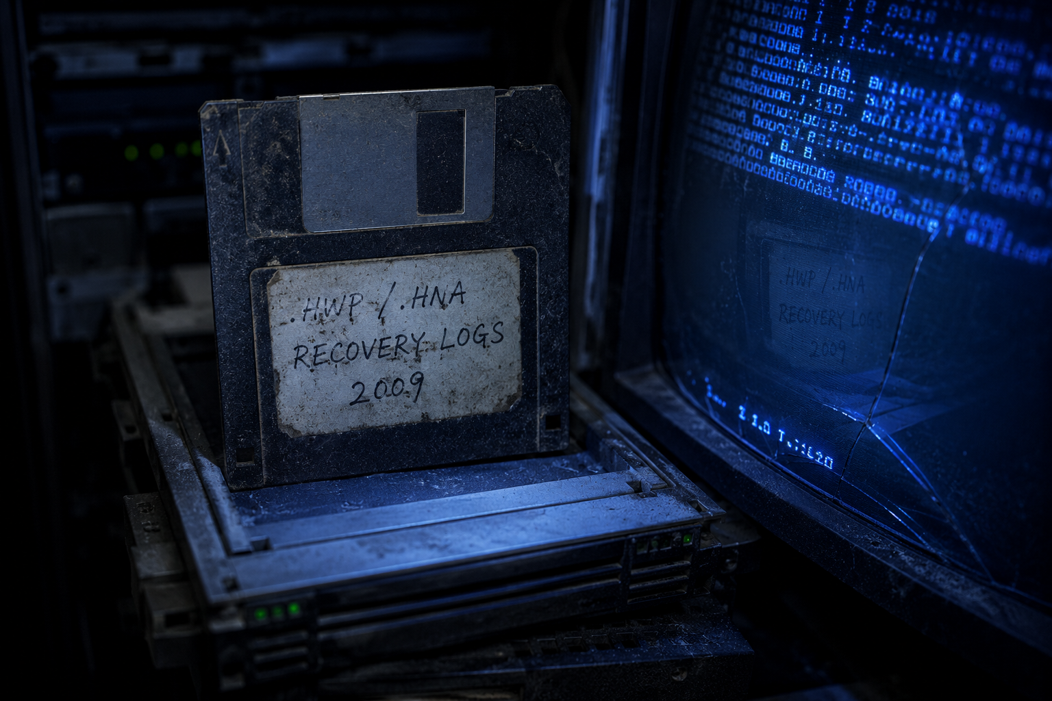 Macro close-up of a legacy floppy disk labeled with 2009 Korean file formats under a cold forensic light beam.